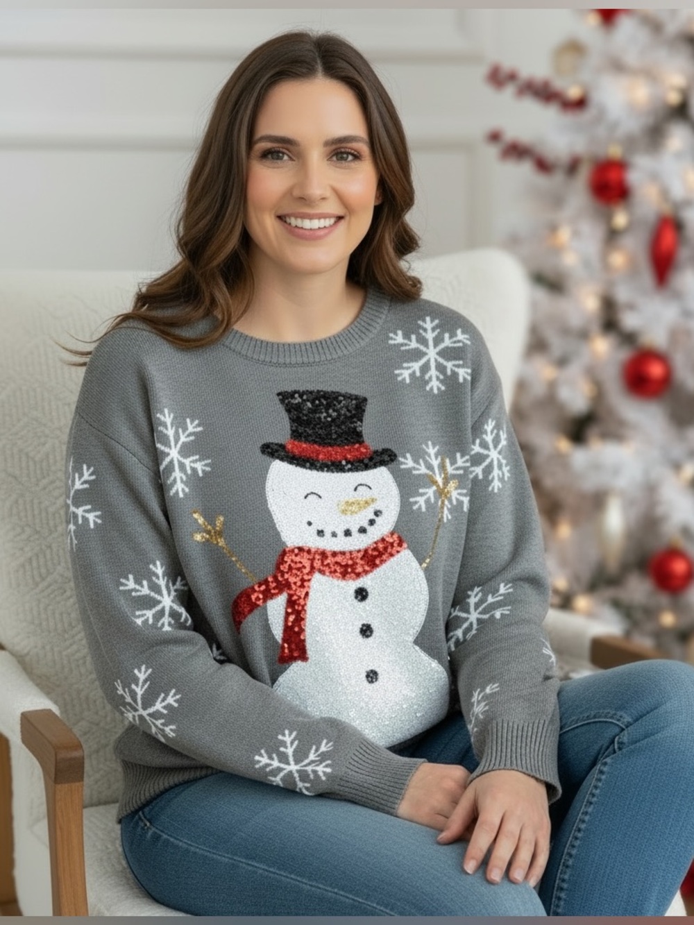 Tipsy Elves Gray Sequin Snowman Ugly Christmas Sweater Women's Size L
